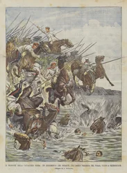 Die Manöver der russischen Kavallerie, ein Regiment stürzt während eines Angriffs in die Wolga bei St. Petersburg